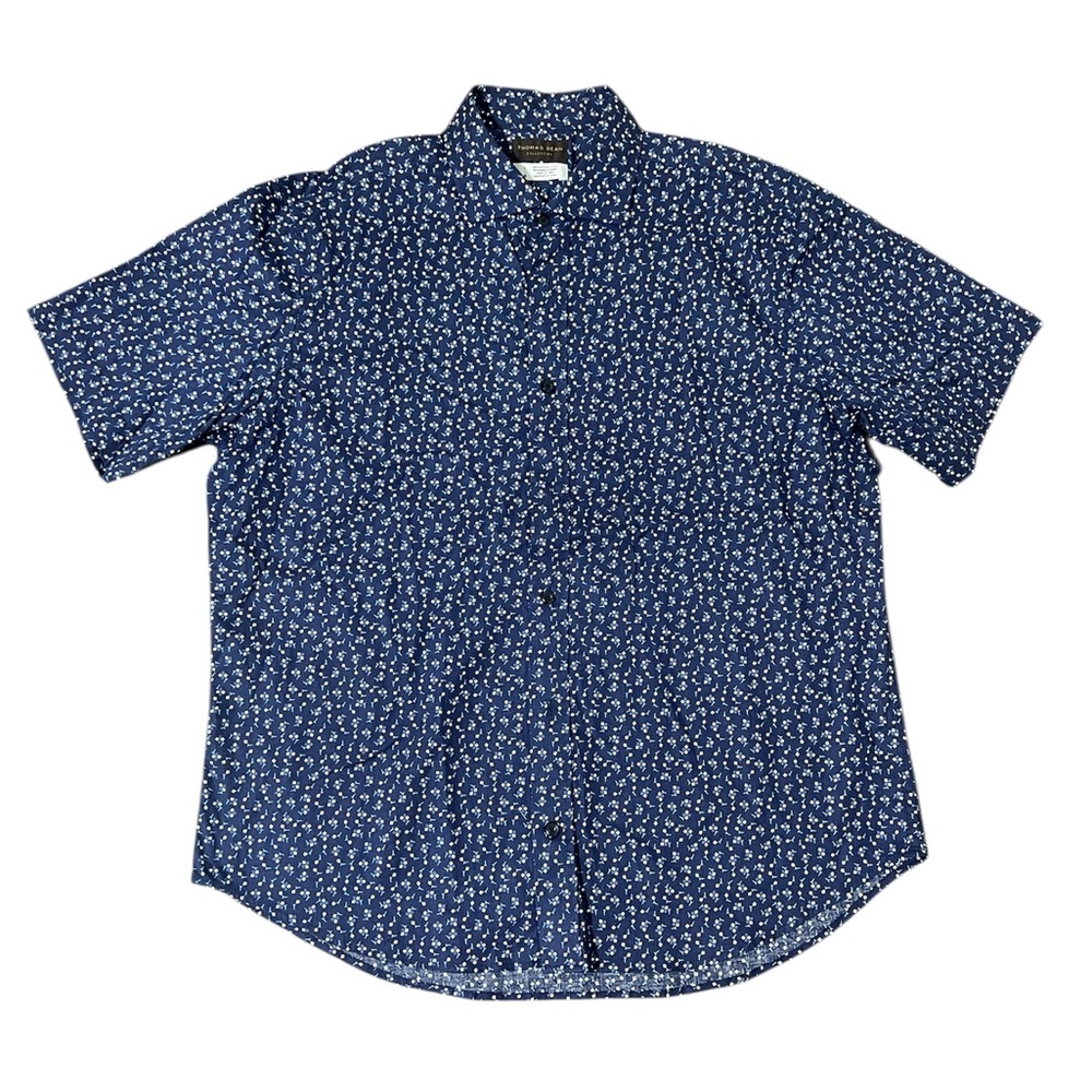 NWOT Thomas Dean Collection Navy Blue Print Button Down Sport Shirt